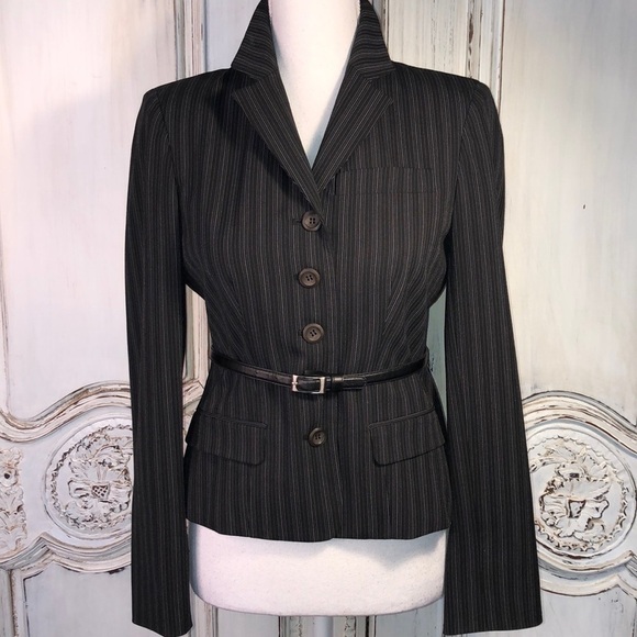 AK Anne Klein Pin Stripe 5 Button Belted Business Blazer Size 2P - Picture 1 of 13